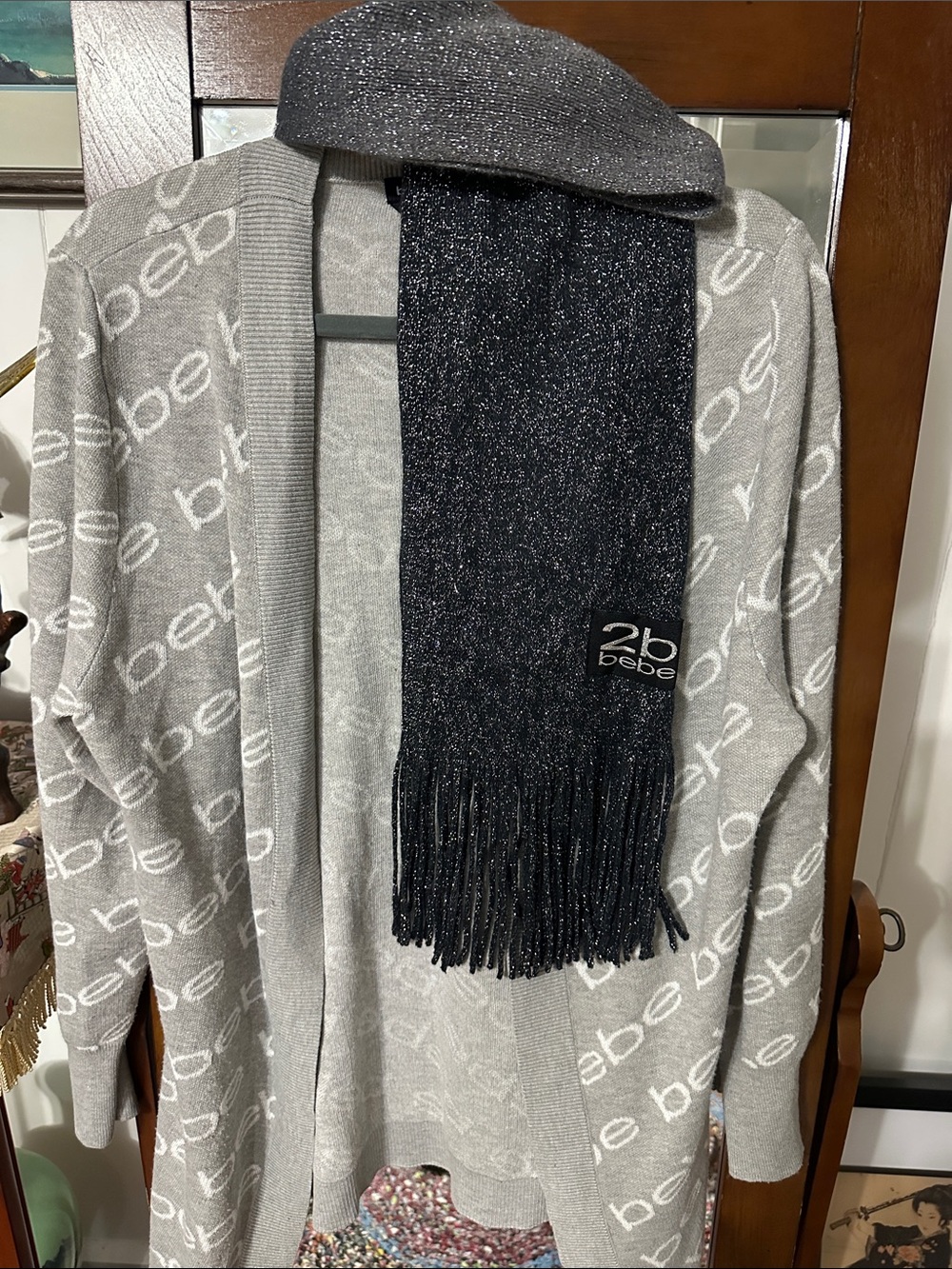 Sold together bebe Light Gray Logo Cardigan with Metallic Charcoal Scarf